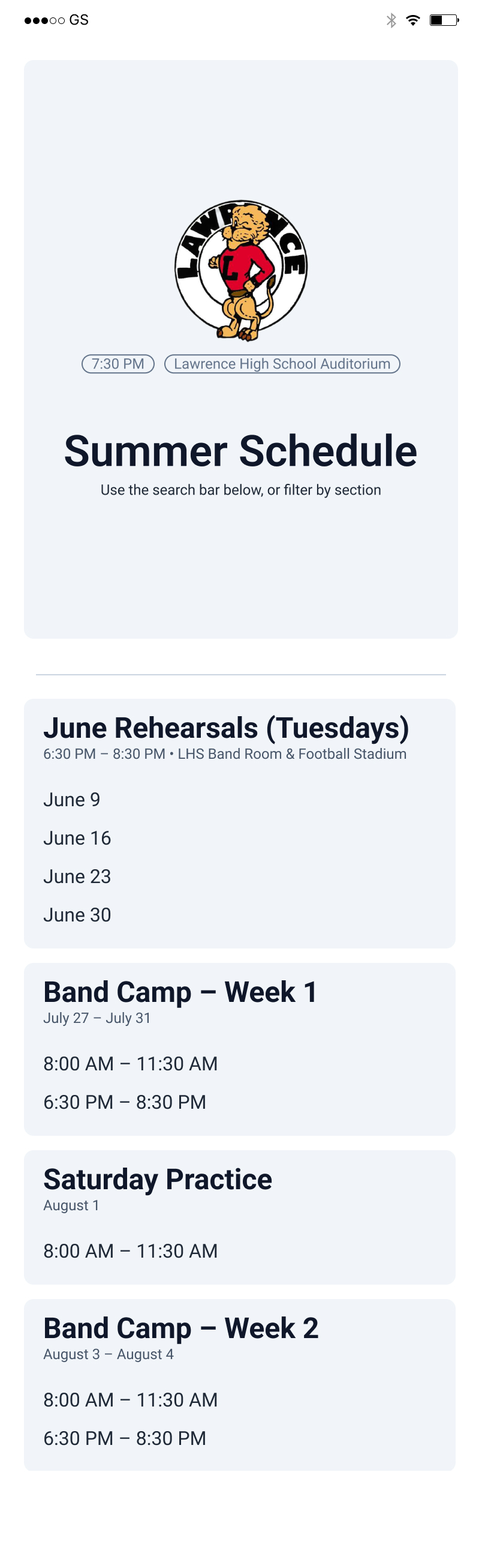 Summer Schedule mobile wireframe